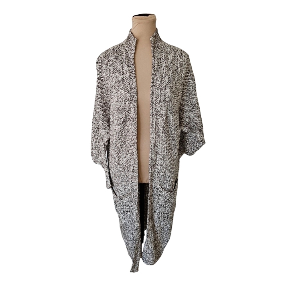 Backdrop Brown & White Knit Open Front Cardigan With Pockets Long Length Sz S